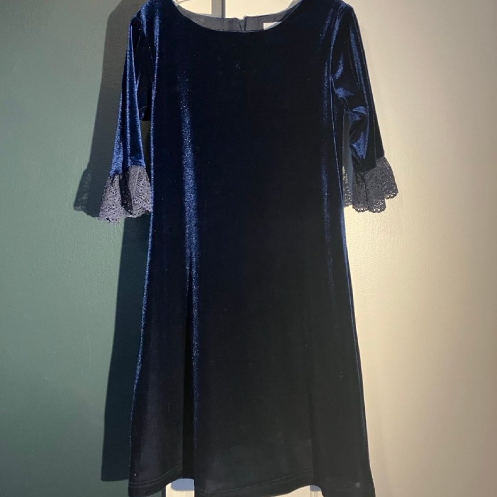 Florence Eiseman Girls Midnight Blue Stretch Velvet Lace Cuff SZ 8 Dress